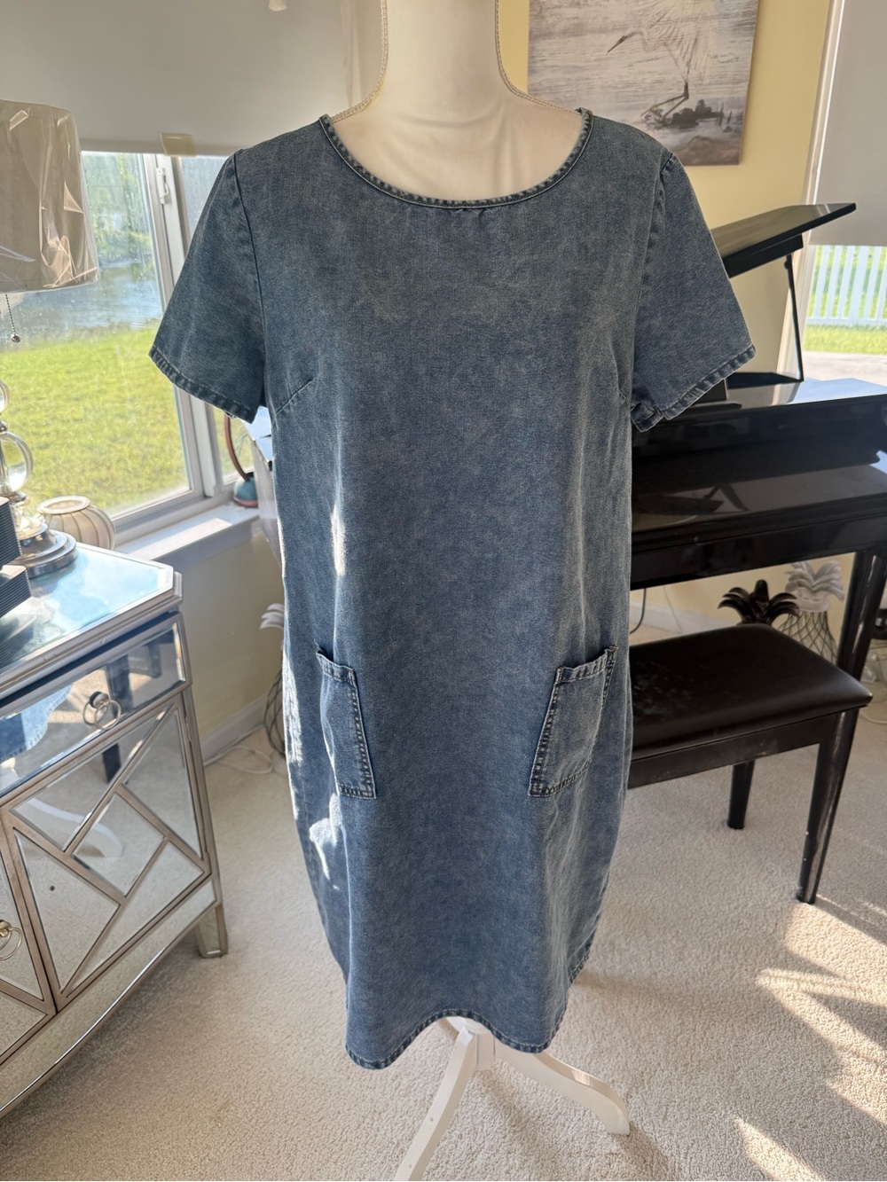 Denim dress acid wash casual short sleeve shift dress pullover 2 pockets large